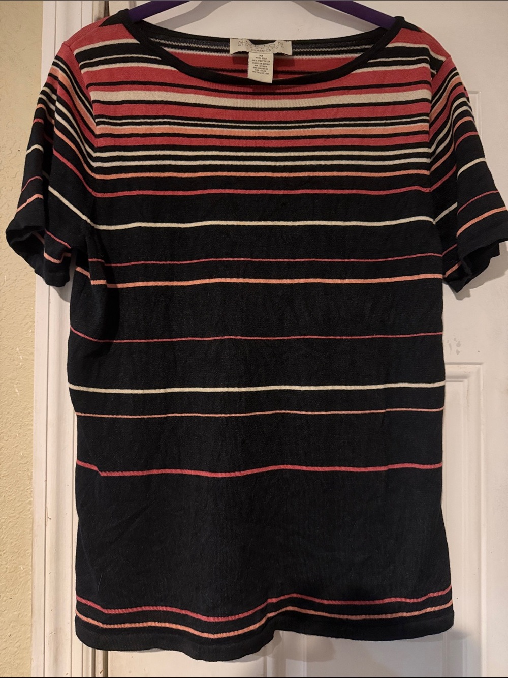 Norton McNaughton Coral, Peach, Black & Ivory Striped Knit Retro Top